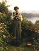 Daniel Ridgway Knight  - Bilder Gemälde - Young Girl holding a Puppy
