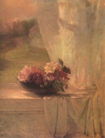 John La Farge - Peintures - Fleurs dans une coupe de porcelaine de Perse