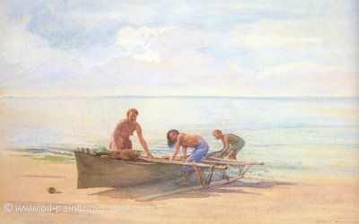 Women drawing up a Canoe