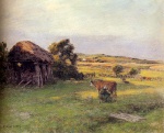 Leon Augustin Lhermitte - Peintures - Paysage avec une paysanne occupée à traire une vache