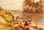 Leon Augustin Lhermitte - Peintures - Lavandières au bord de la Marne
