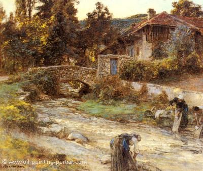 Washerwomen at a Stream with Buildings Beyond