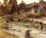 Léon Augustin Lhermitte  - paintings - Washerwomen at a Stream with Buildings Beyond