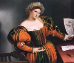 Lorenzo Lotto - Bilder Gemälde - Portrait of a Lady with a picture of the suicide of Lucretia