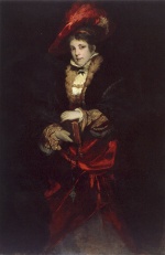 Hans Makart - Peintures - Portrait d'une dame avec chapeau à plumes rouges