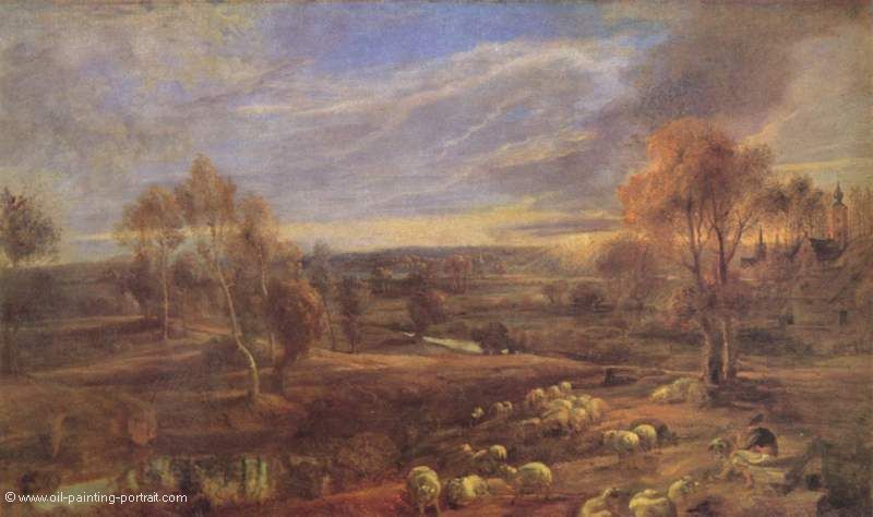 Abendliche Landschaft mit Schaefer und Herde