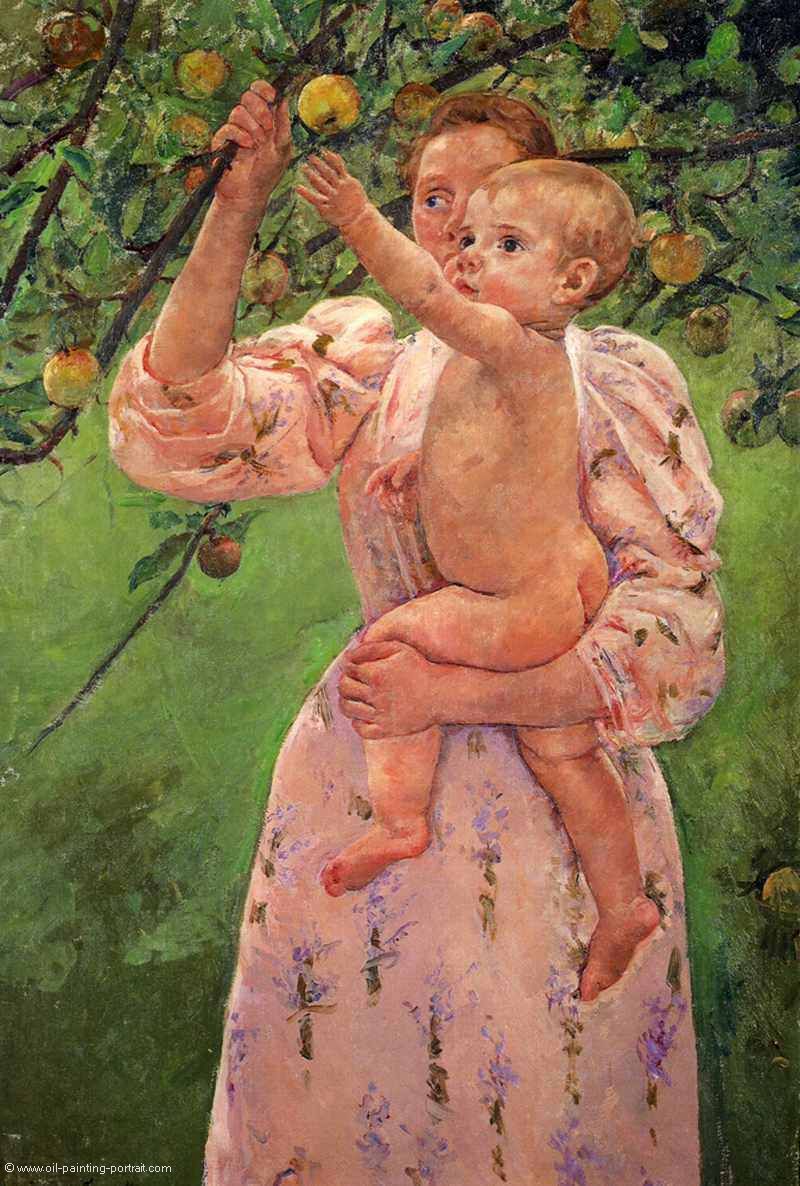 Baby pflueckt einen Apfel