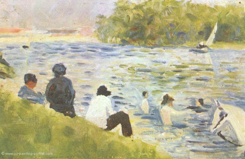 Badende und weisses Pferd im Fluss