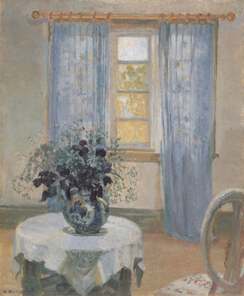 Blaue Klematis im Atelier der Kuenstlerin
