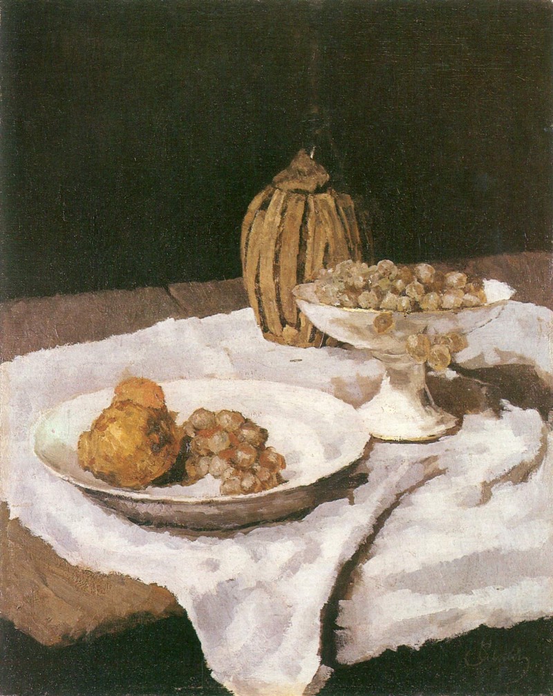 Chiantiflasche, Fruchtschale und Obstteller