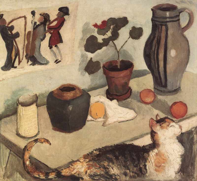 Der Geist im Hausgestuehl (Stillleben mit Katze)