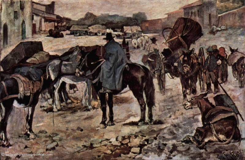 Dorfstrasse mit Bauern, Maultieren und Haendlern