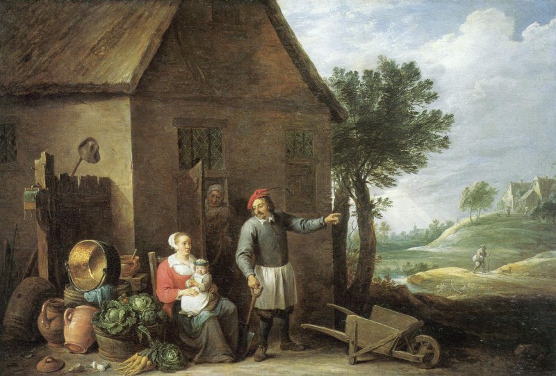 Eine Bauernfamilie vor ihrem Haus