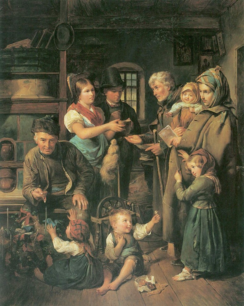Eine reisende Bettlerfamilie wird am Heiligen Christabend von armen Bauersleuten beschenkt