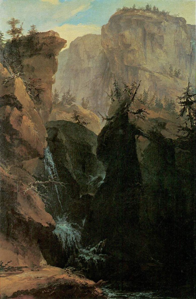 Felsenschlucht mit Passweg und Wasserfaellen