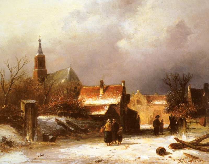 Figures on a Snow Covered Path with a Dutch Town beyond