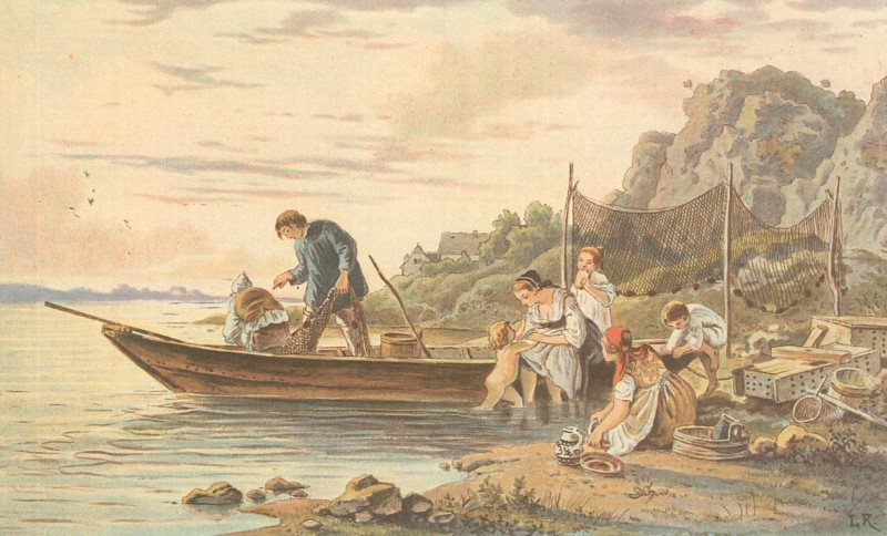 Fischerfamilie an der Elbe bei Seuslitz