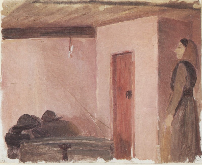Fischerstube mit rosa Waenden und stehender Frau