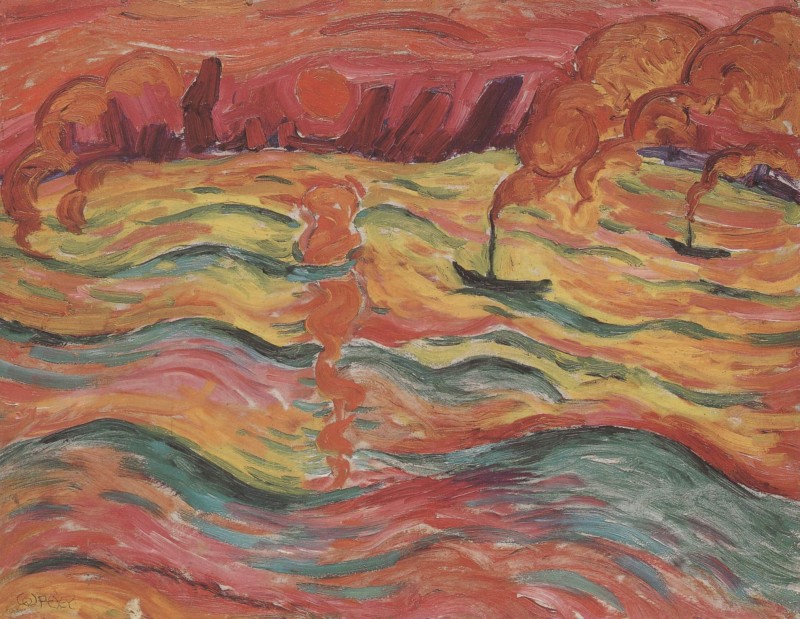 Flusslandschaft mit Schiffen und roter Sonne