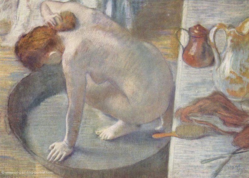 Frau im Zuber, sich den Ruecken waschend