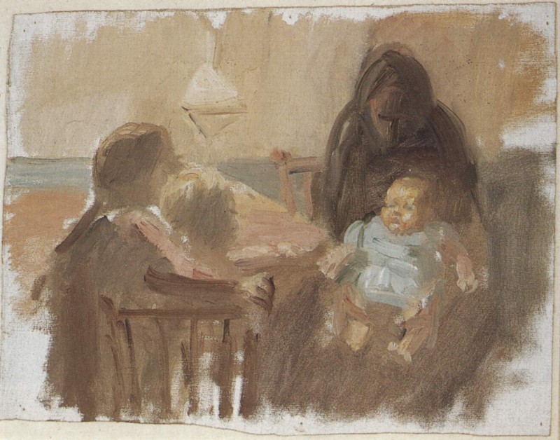 Frau mit Saeuglingen und zwei anderen Kindern am Tisch