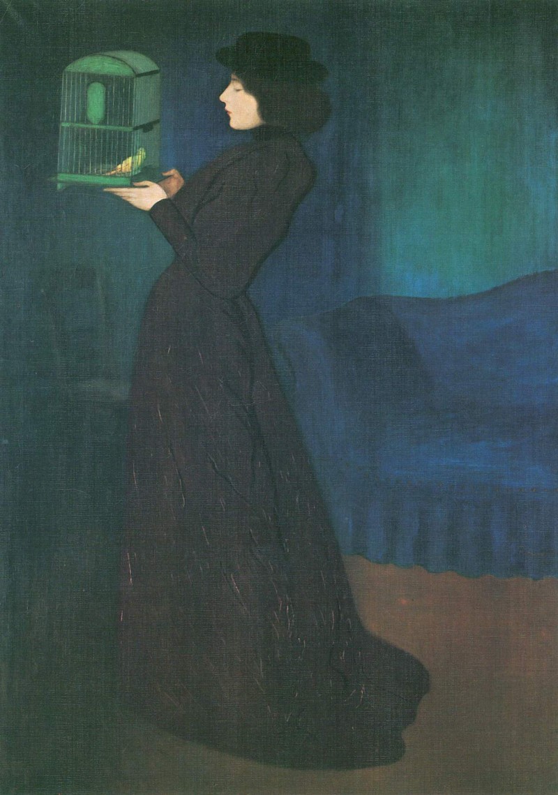 Frau mit Vogelbauer