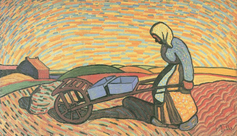 Frau mit brauner Schubkarre