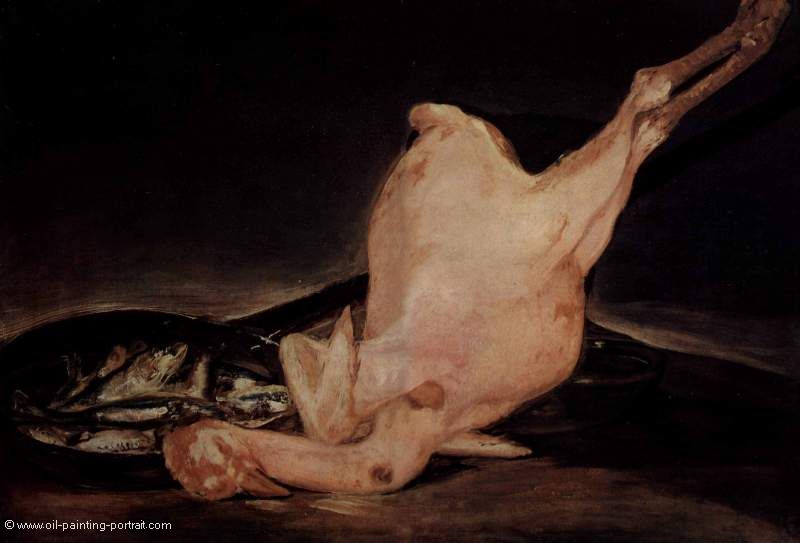 Gerupfter Truthan und Pfanne mit Fischen (Stillleben)