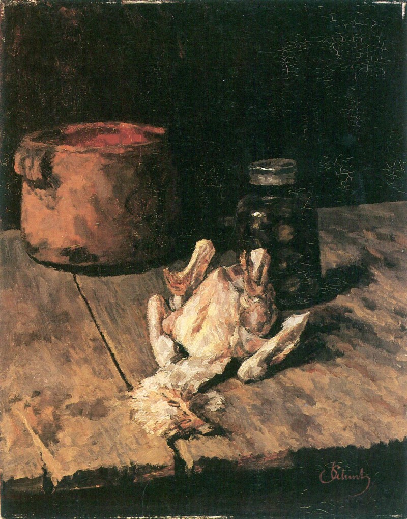 Gerupftes Huhn mit Tontopf und einem Glas Eingemachten