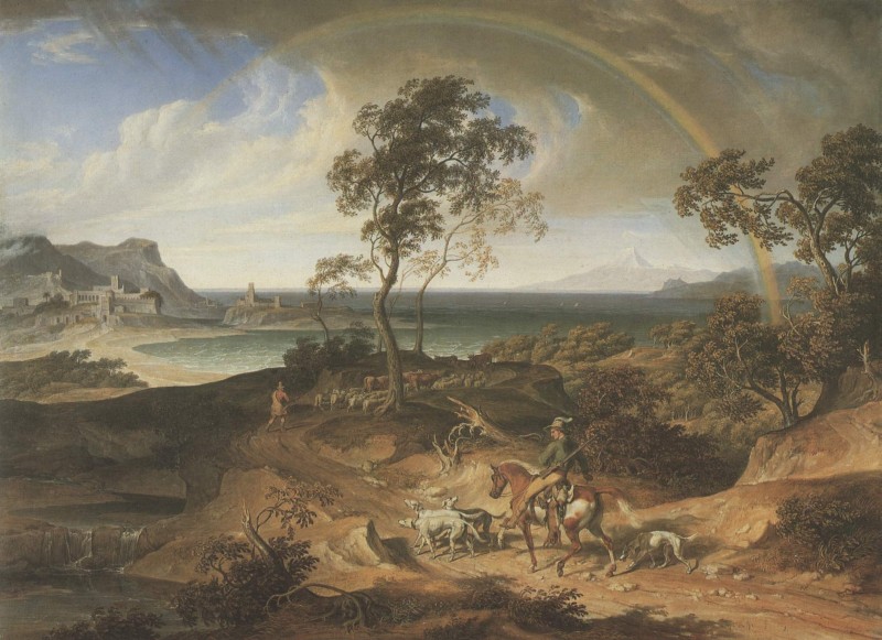 Gewitterlandschaft mit heimkehrendem Reiter und Regenbogen