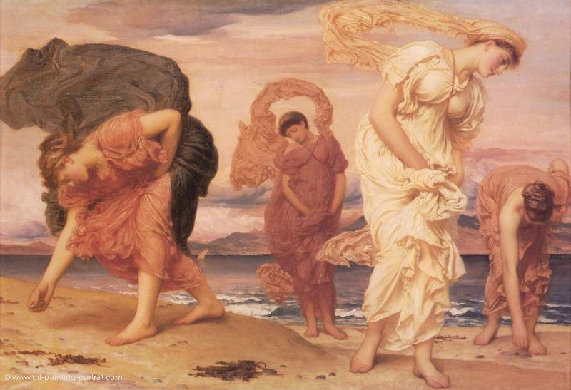 Griechische Maedchen sammeln Steine am Strand