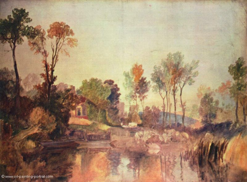Haus am Fluss mit Baeumen und Schafen