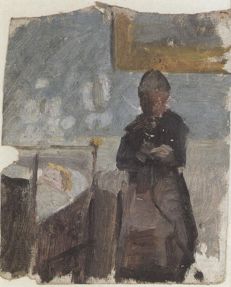 Helga Ancher in ihrem Kinderbett mit ihrer Tante