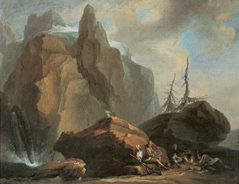 Hochgebirgslandschaft mit rastenden Bergsteigern und dem Maler