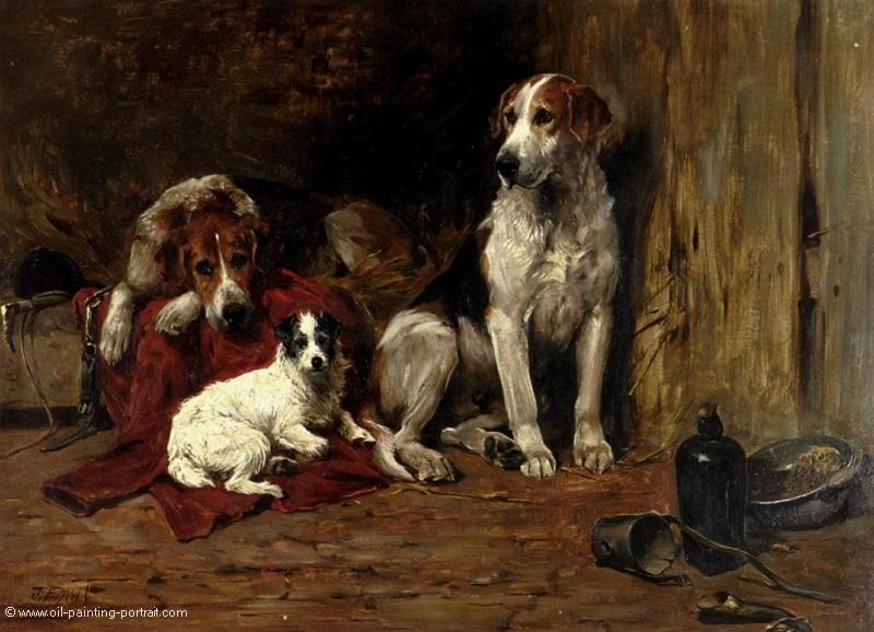 Hounds and a Jack Russel in a Stable
