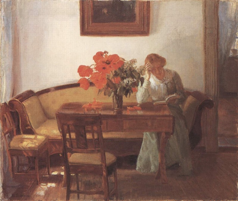Interieur mit Mohnblumen und lesender Frau (Lizzy Hohlenberg)