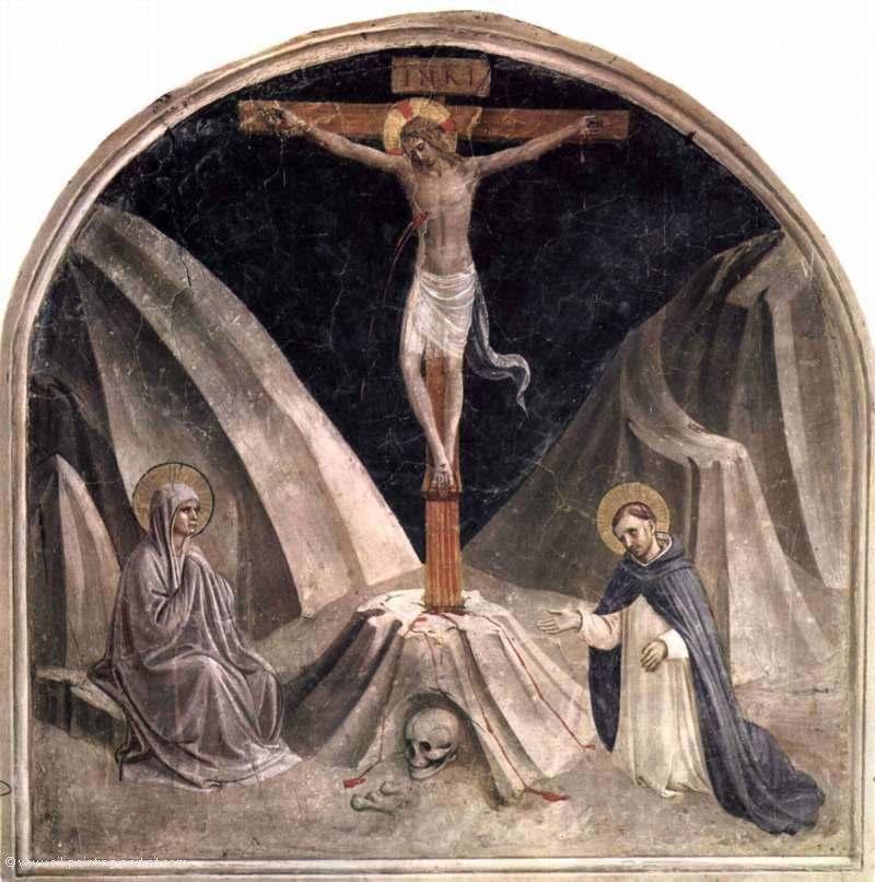Kreuzigung mit Maria und Heiligem Dominikus, Golgathaberg und Schaedel Adams