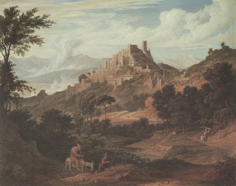 Landschaft bei Olevano mit reitendem Moench