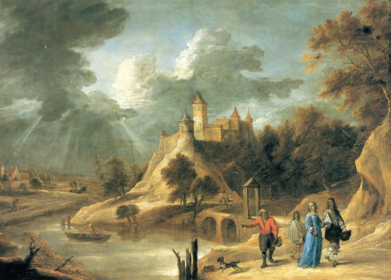 Landschaft mit Burg und feinen Leuten
