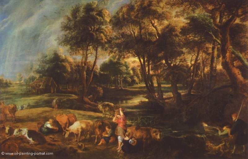 Landschaft mit Kuehen und Entenjaegern