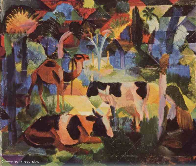 Landschaft mit Kuehen und Kamel