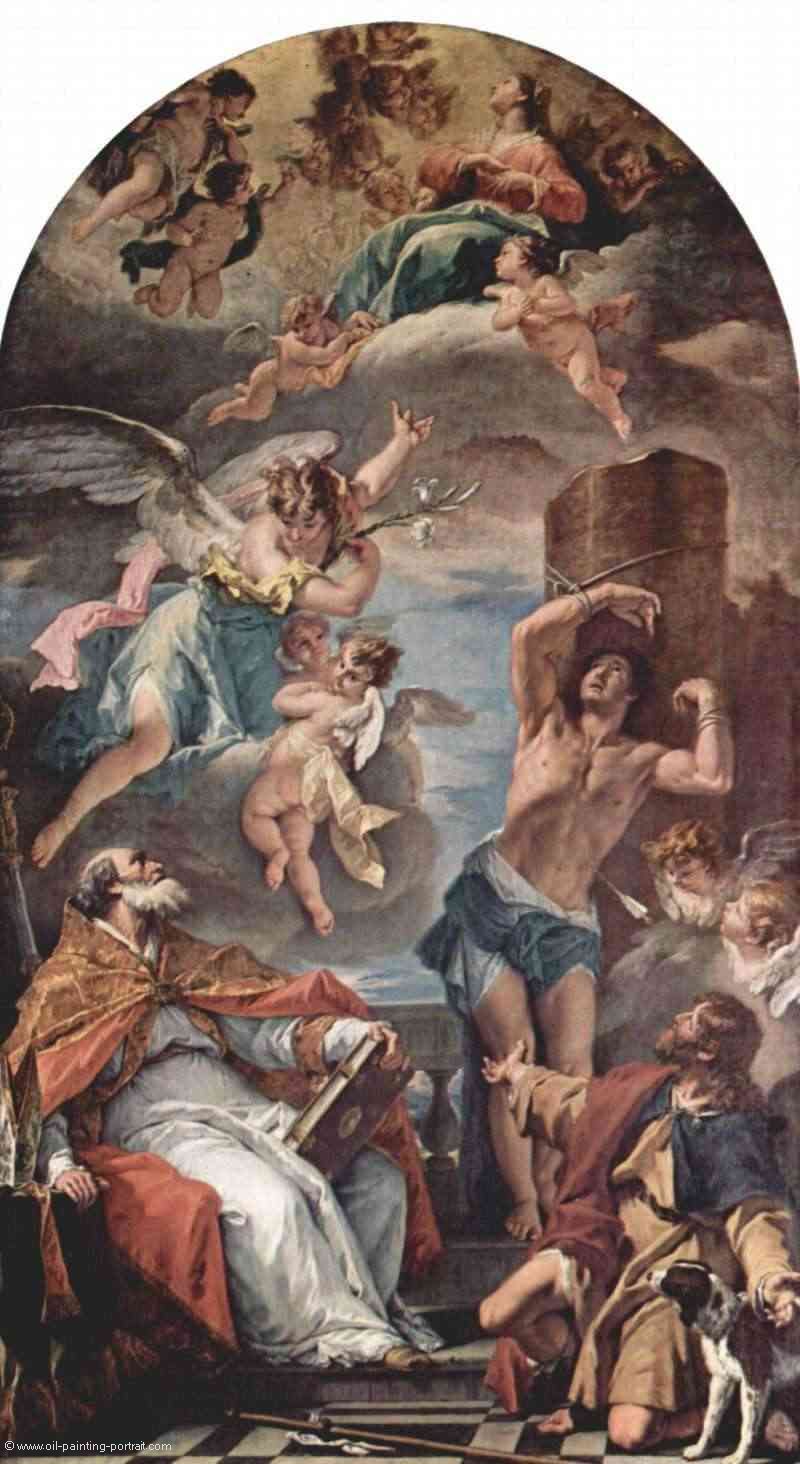 Maria in Gloria mit Erzengel Gabriel und Heiligem Eusebius, Heiligem Sebastian und Heiligem Rochus
