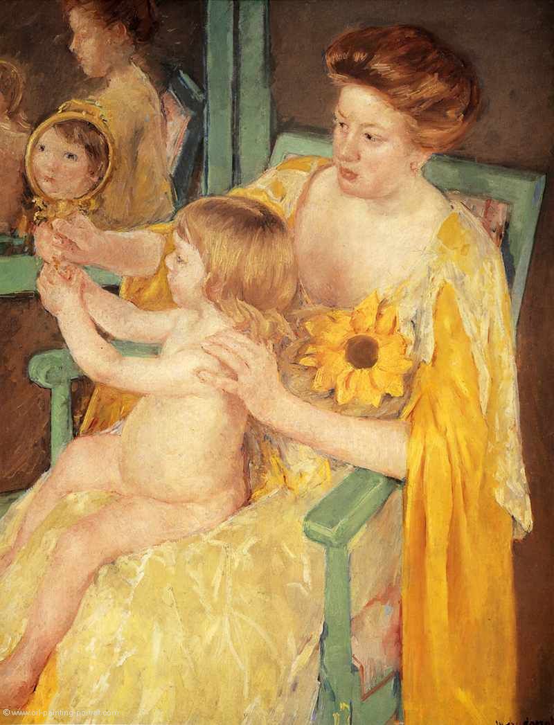 Mutter traegt Sunnenblume an ihrem Kleid