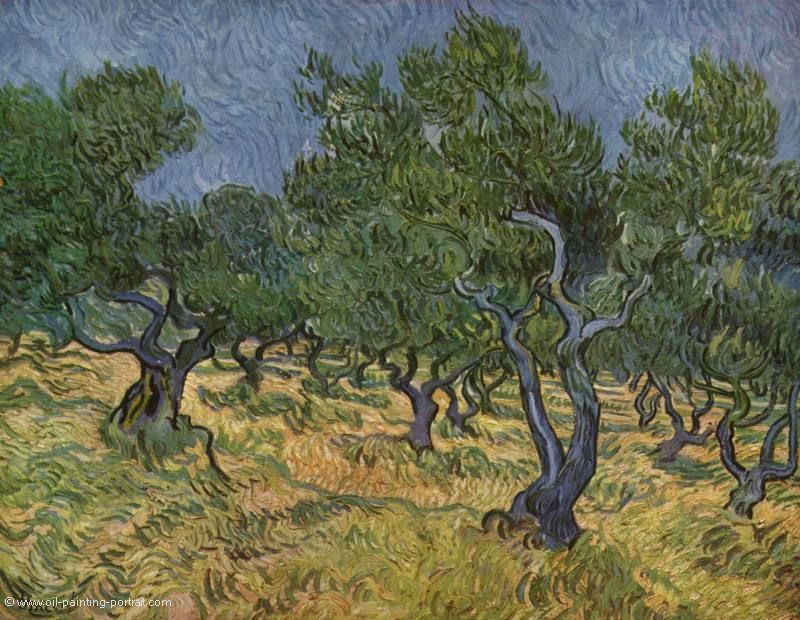 Olivenhain mit pflueckenden Figuren