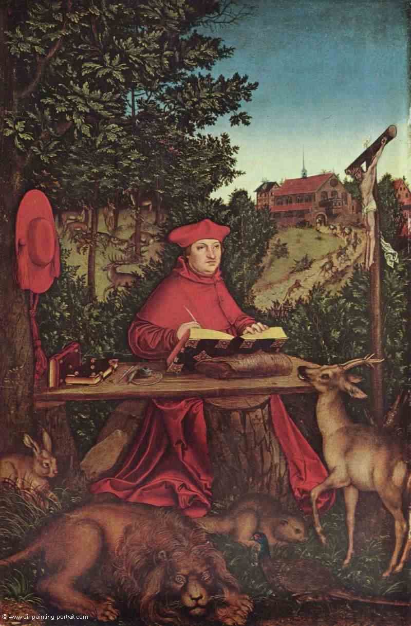 Portrait des Kardinal Albrecht von Brandenburg von Brandenburg als Heiliger Hieronymus im Gruenen