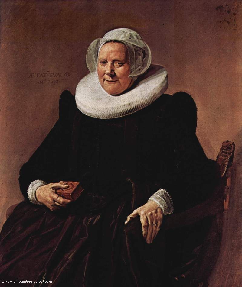 Portrait einer sitzenden, etwa sechzigjaehrigen Frau mit Buch in der rechten Hand