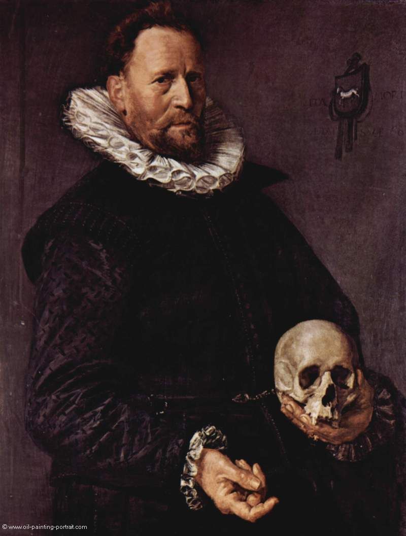 Portrait eines etwa sechsigjaehrigen Mannes mit Totenschaedel in der linken Hand