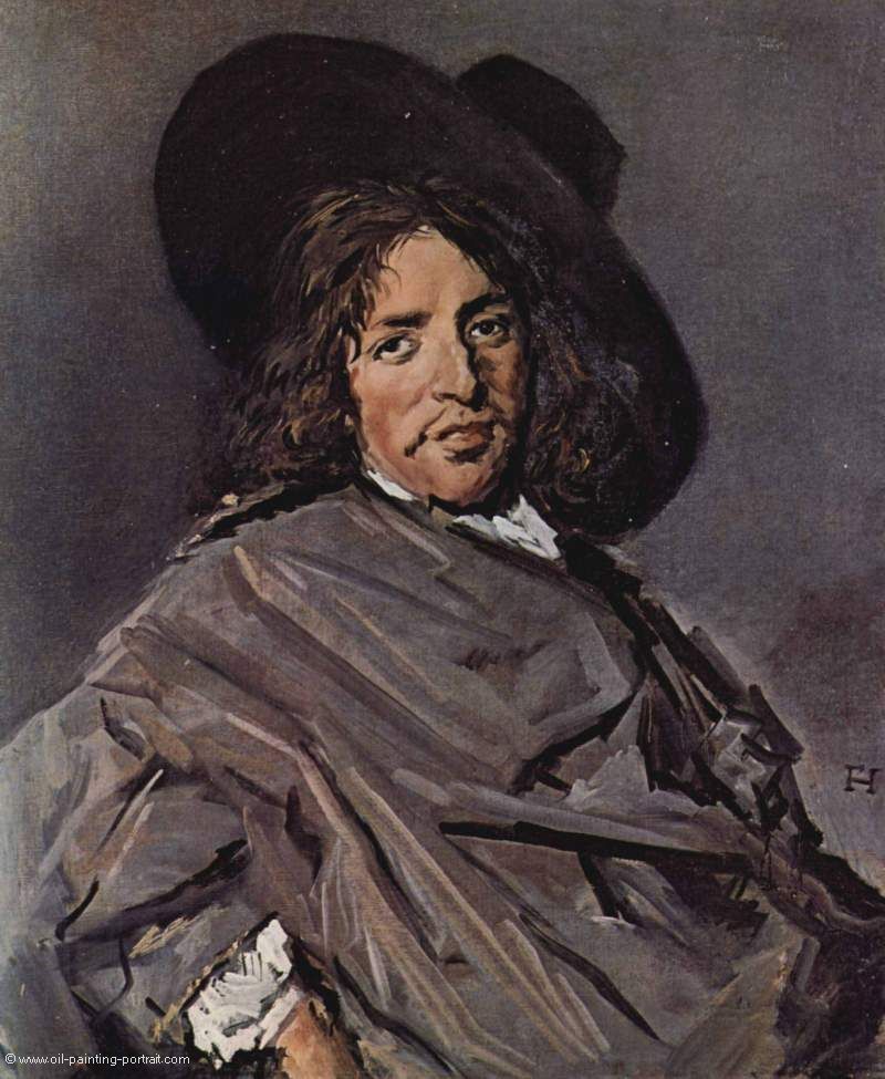 Portrait eines sitzenden Mannes mit schraegem Hut