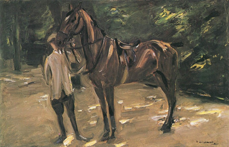 Reitknecht mit Pferd