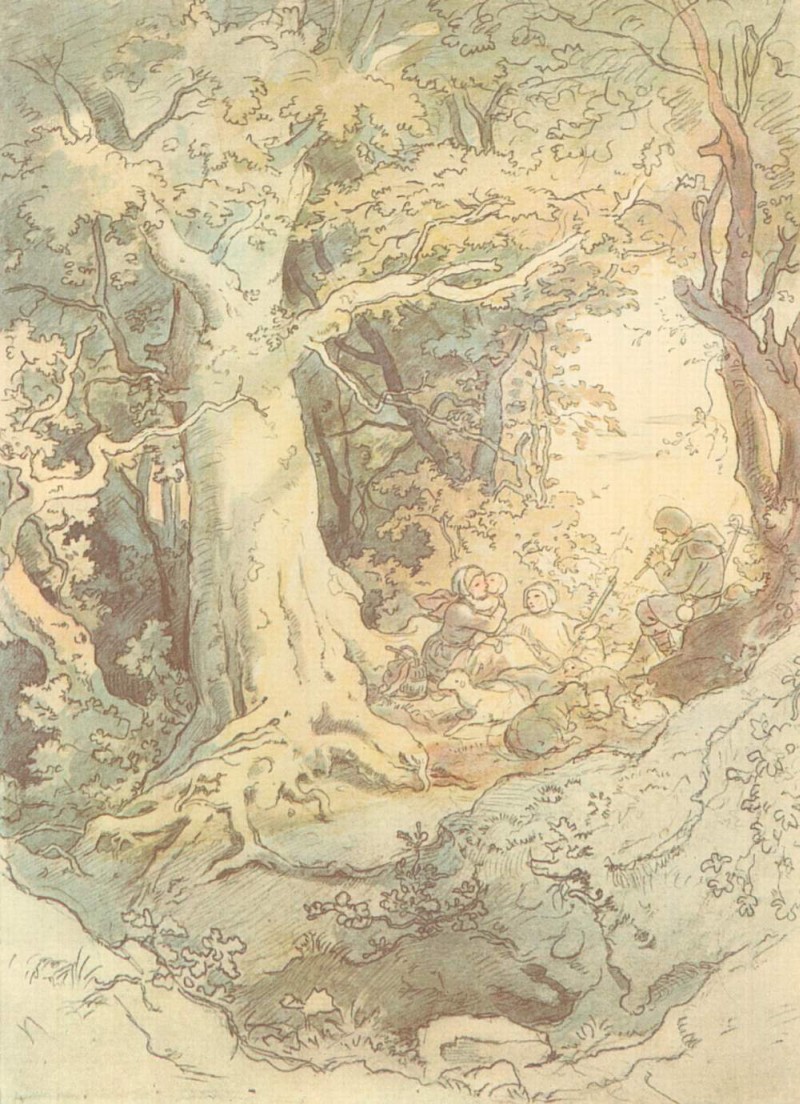 Ruhende Hirtenfamilie im Walde
